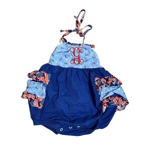 Ricrac & Ruffles Toddler Bubble w/ G initial (4th of July), Size 18M